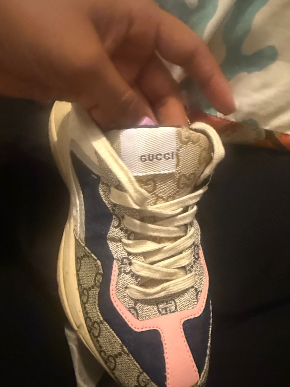Gucci Beige GG Canvas Sneaker with Navy & Pink Accents